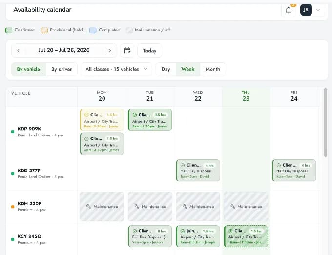Fleet OS live availability calendar showing bookings, maintenance holds and driver assignments